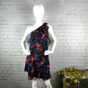 Parker Floral One Shoulder Ruffle Trim Dress Black Size Large